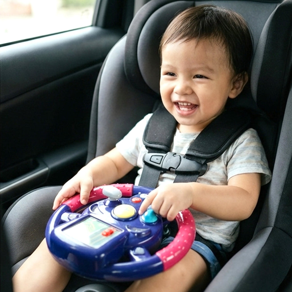 Close-up of child-friendly steering wheel toy featuring bright lights