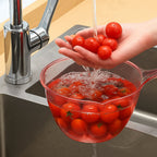 Side view showing easy-pour spout and drain slot on kitchen washing bowl