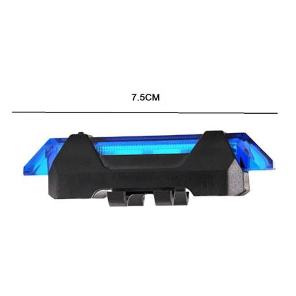Blue rechargeable bicycle light on a white background, demonstrating its easy universal mounting system.