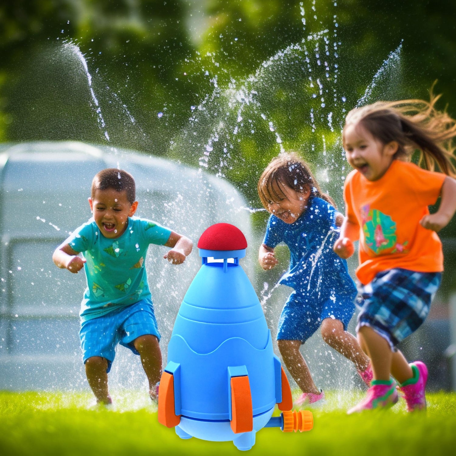 A vibrant water rocket sprinkler toy ready for outdoor play.