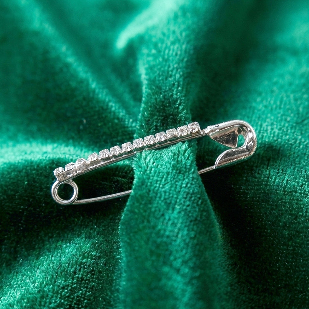 Silver safety pin brooch securing light fabric