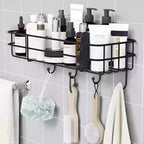 Close-up view of the iron frame of the shower shelf rack