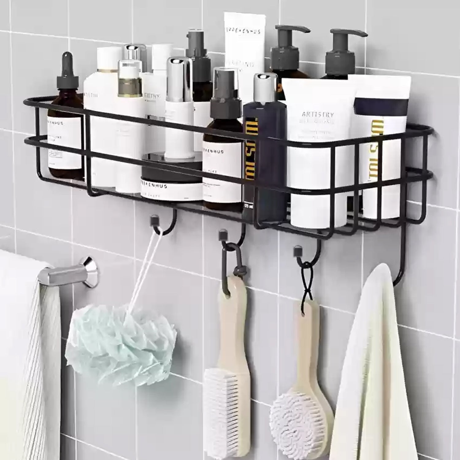 Close-up view of the iron frame of the shower shelf rack