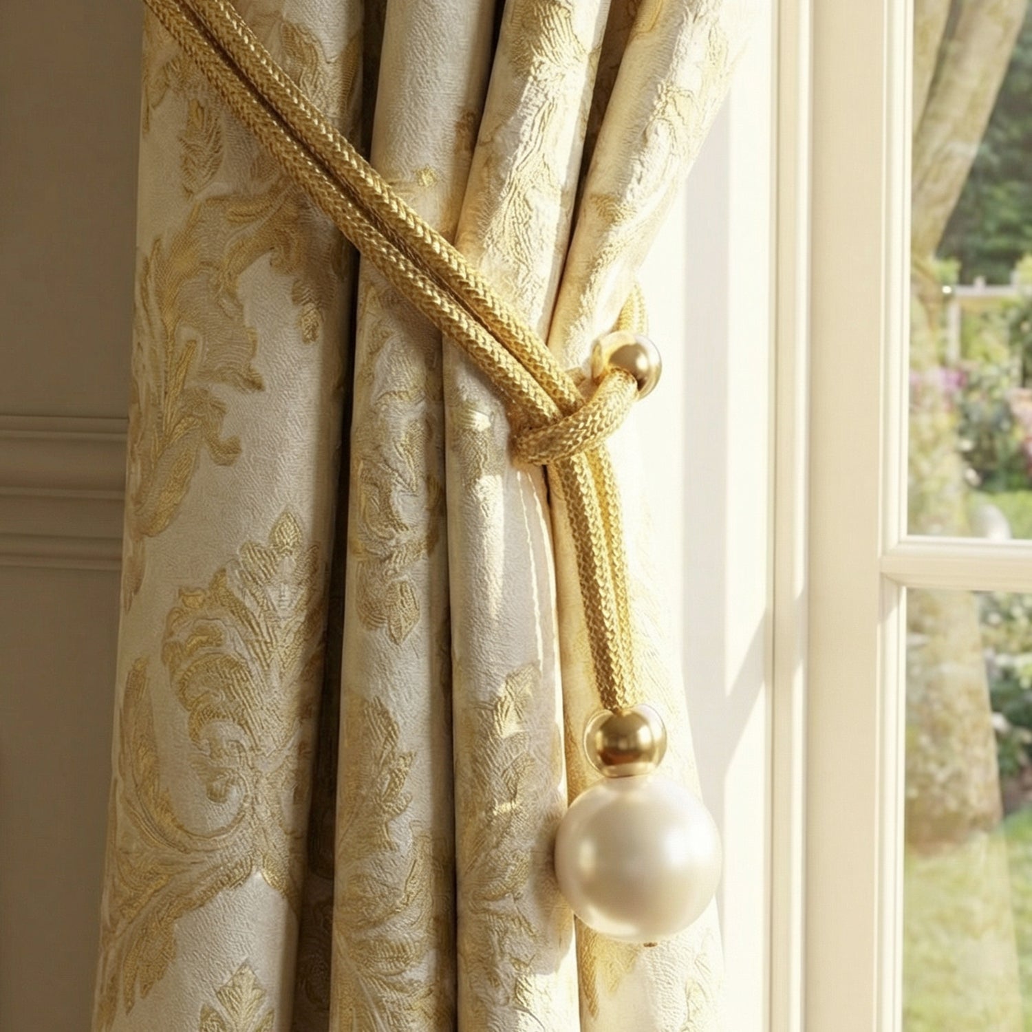 Modern window curtain holder showcasing braided rope and pearl design
