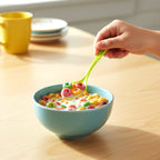 A hand using a plastic serving spoon to dish out food, demonstrating practical use.