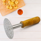Side view of the versatile stainless steel vegetable masher with wooden handle.