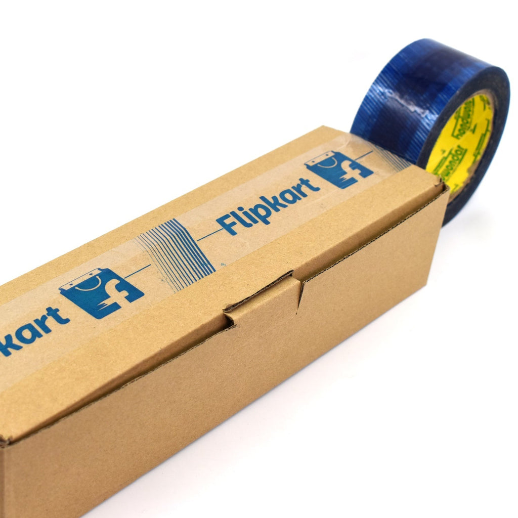 Hand holding a roll of Flipkart blue packing tape.