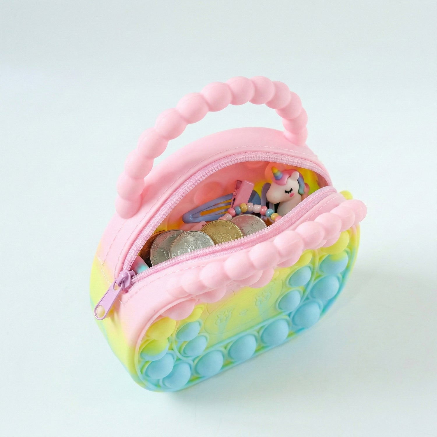 Colorful rainbow pop it silicone fidget coin purse for kids and girls