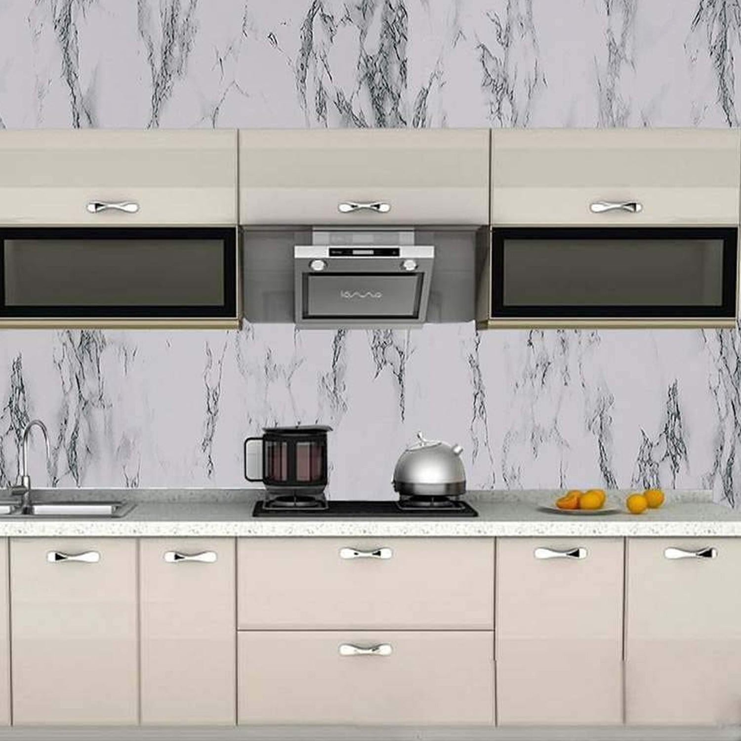 Spread out adhesive marble kitchen wallpaper roll showing peel and stick backing