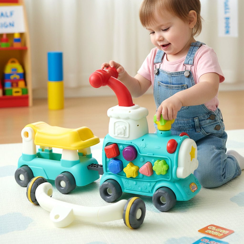 Toddler train walker with activity panel and wheels
