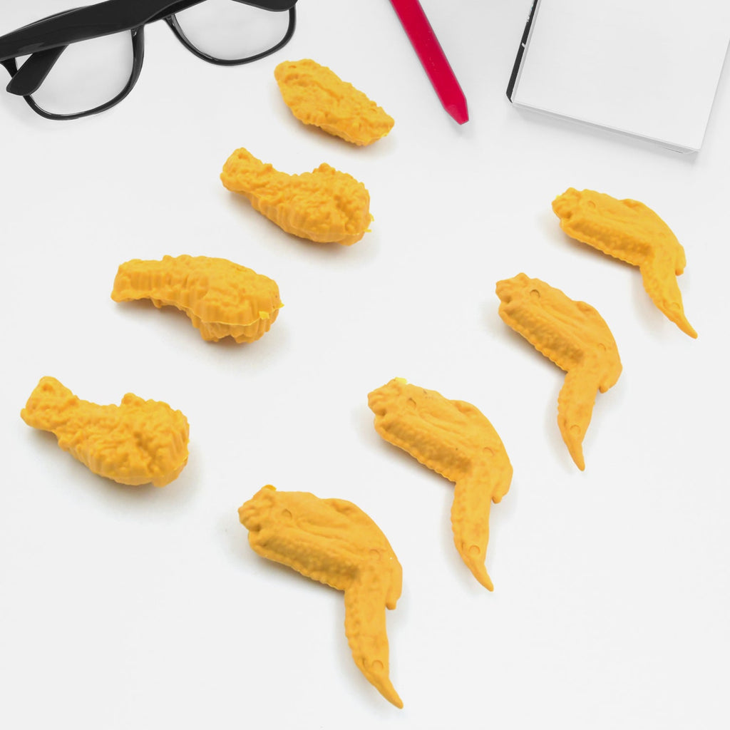 The chicken erasers arranged on a white background, emphasizing their clean and cute aesthetic.