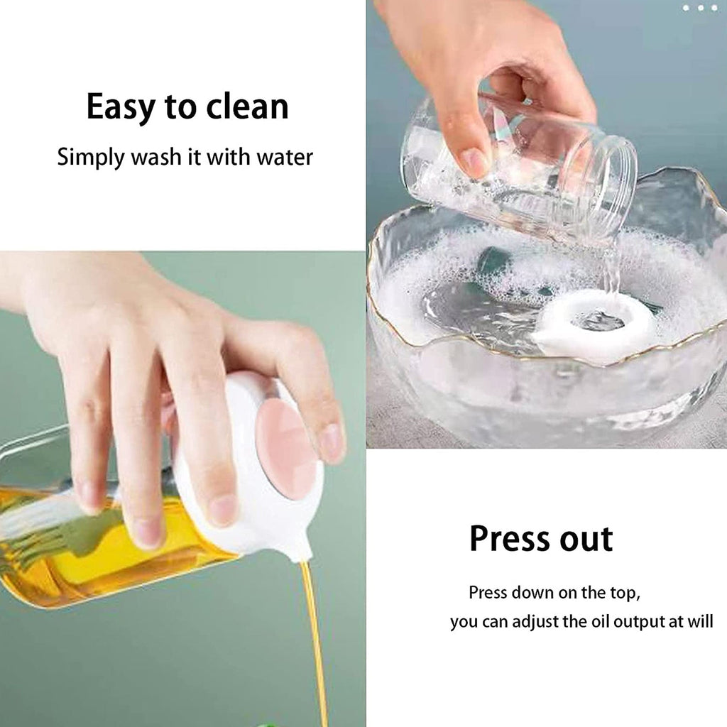 Oil dispenser bottle showcasing the easy-to-use silicone basting brush.