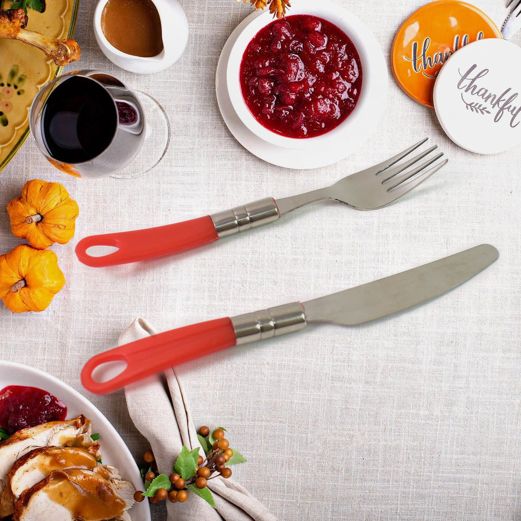 Side view of the revolving stand holding the 26-piece stainless steel cutlery set, ready for use.