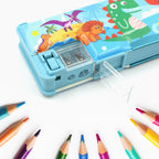 Cartoon-printed plastic compass box, ready to organize school supplies for kids.