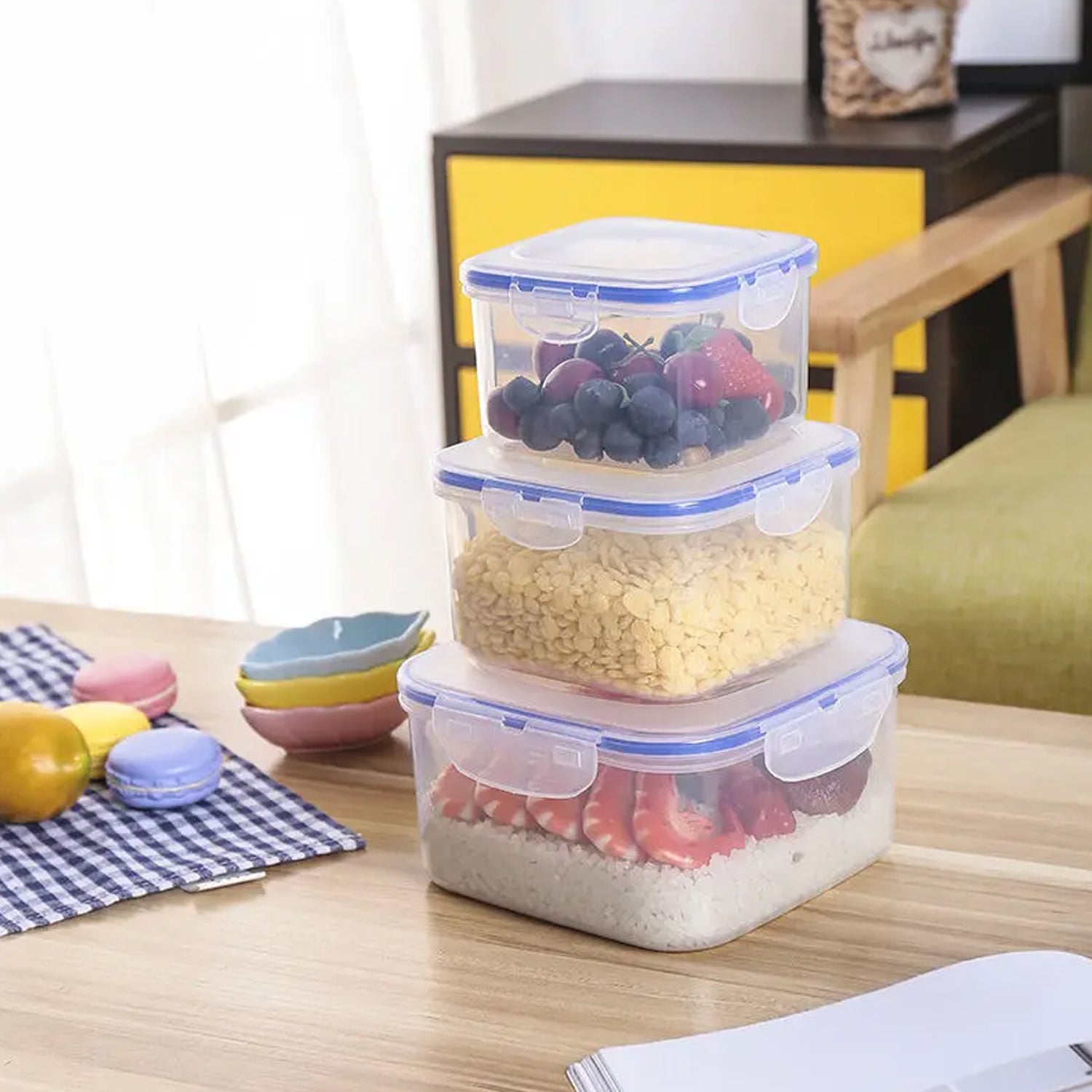 Airtight kitchen storage containers, ideal for pantry organization, displayed on a shelf.