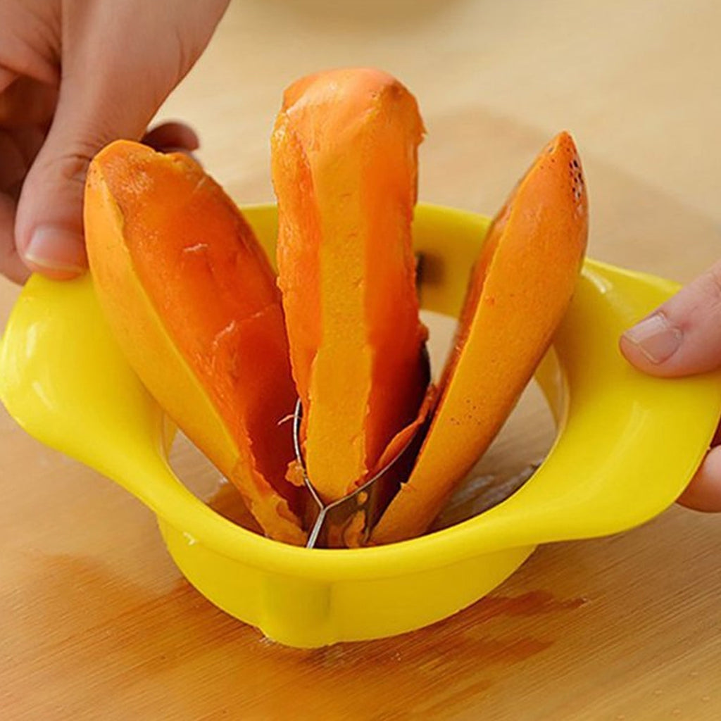 Close-up of the mango slicer's stainless steel blade for precision cutting.