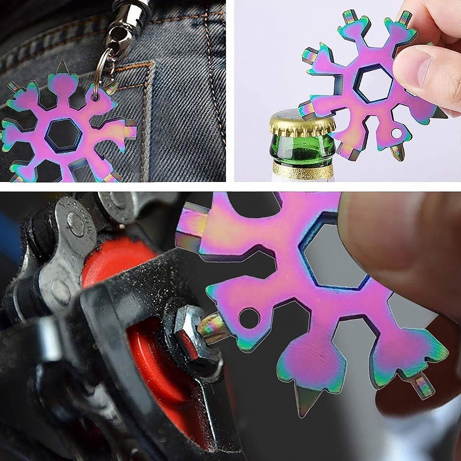 Snowflake Multi-Tool in a person's hand, showcasing its compact size and design.