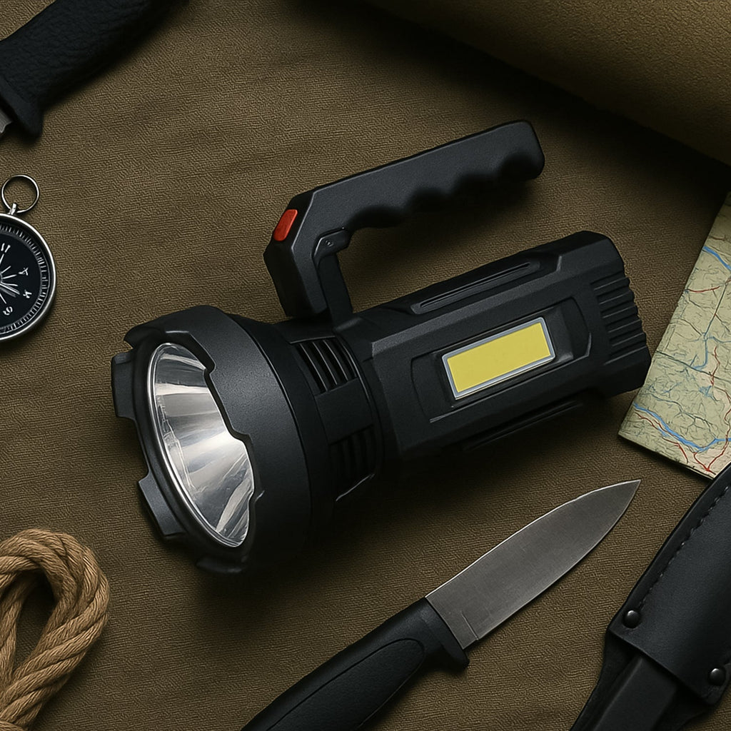 Heavy-duty rechargeable USB torch with focused LED front light and wide COB side illumination