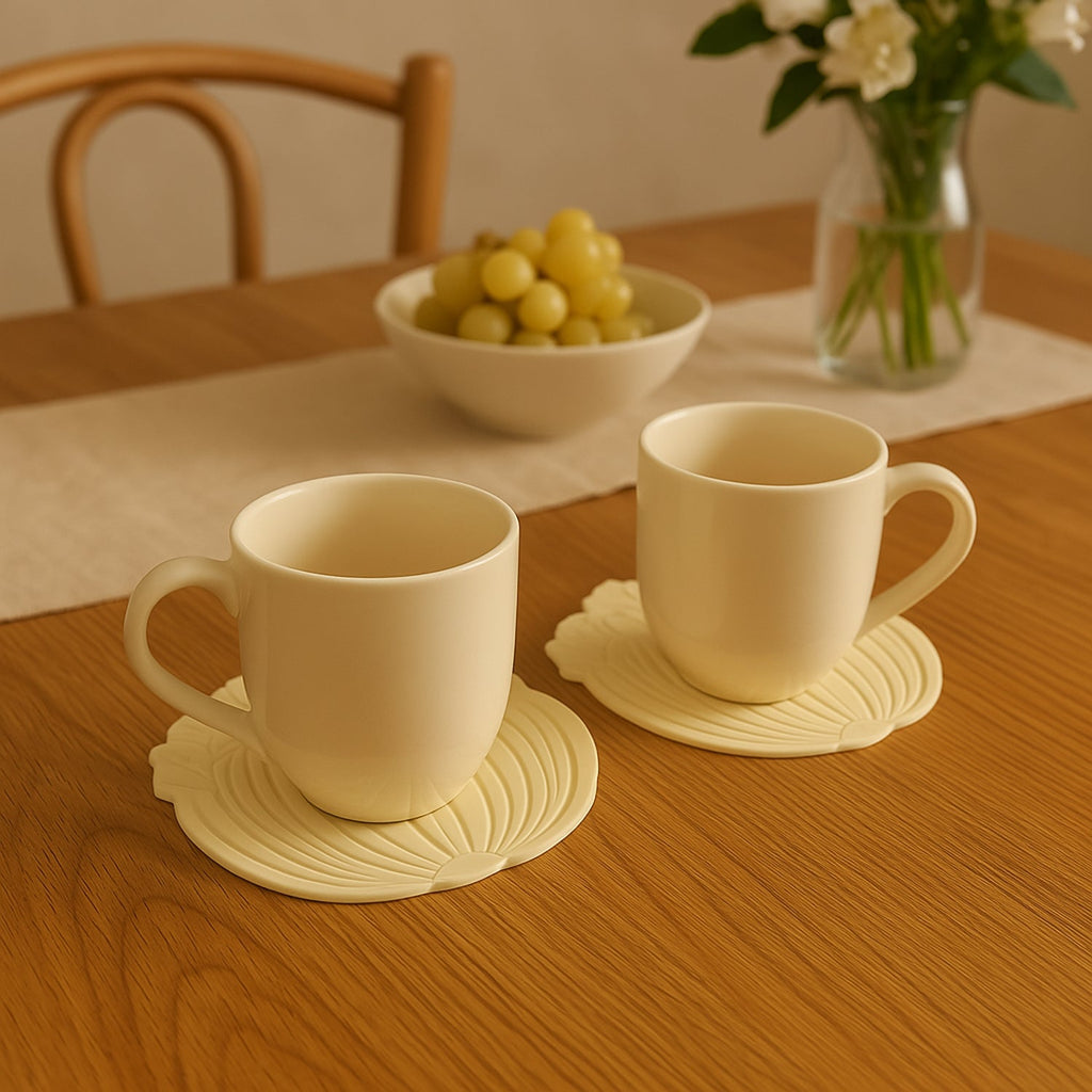 Lifestyle image showing two anti-slip silicone leaf coasters on a table