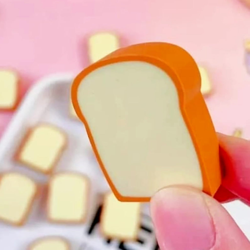 Overhead view of the delightful toast bread erasers, ideal for students.