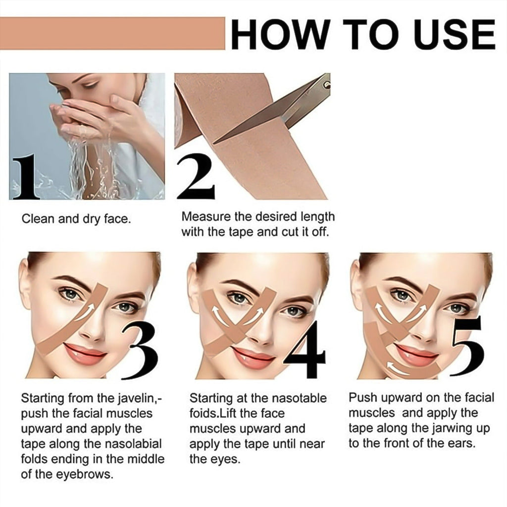 Woman applying face lifting tape to neck for visible skin firming and wrinkle smoothing