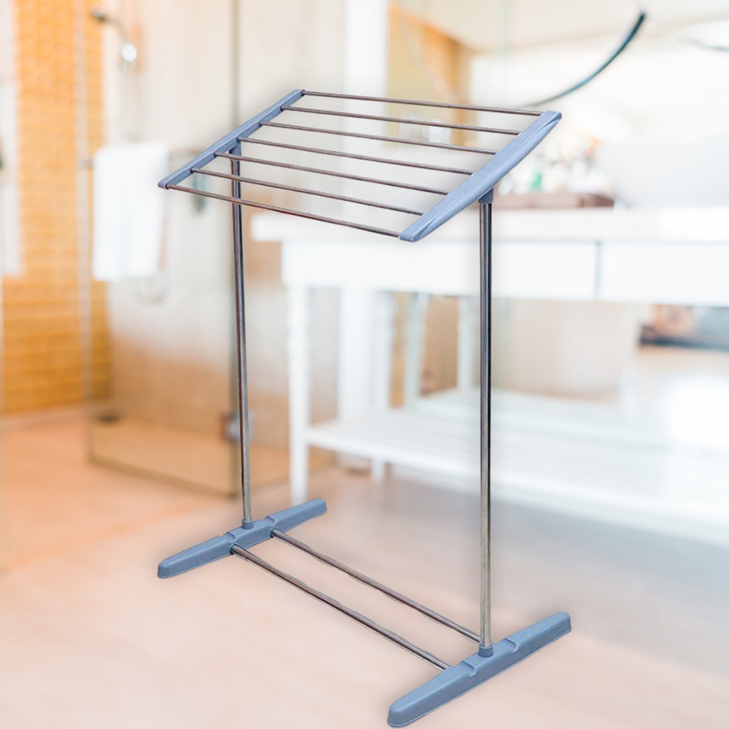 Mobile towel rack positioned indoors, ideal for drying delicate items.