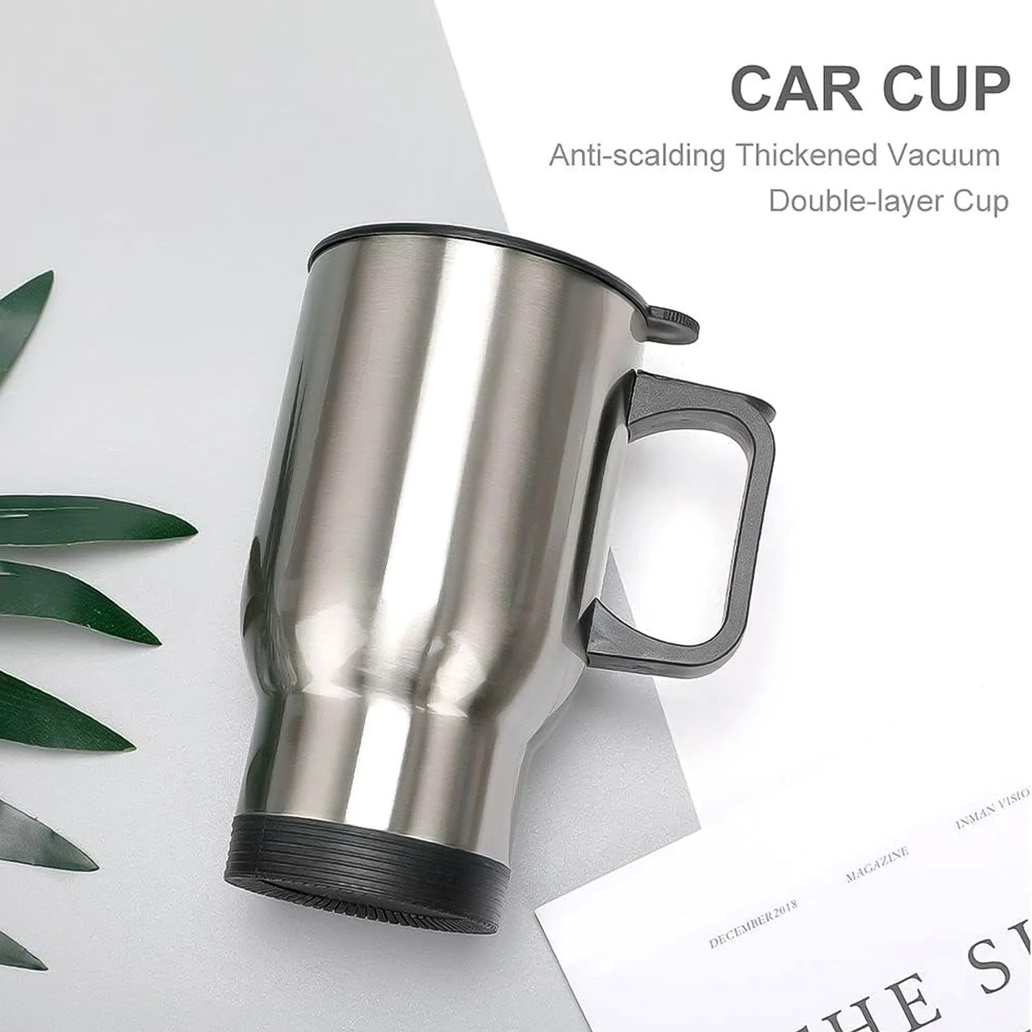 Interior view of the stainless steel insulated coffee mug with its open lid.