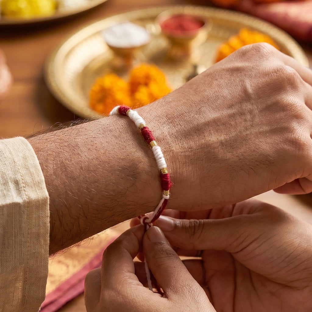 Simple thread Rakhi featuring pearl and golden bead work
