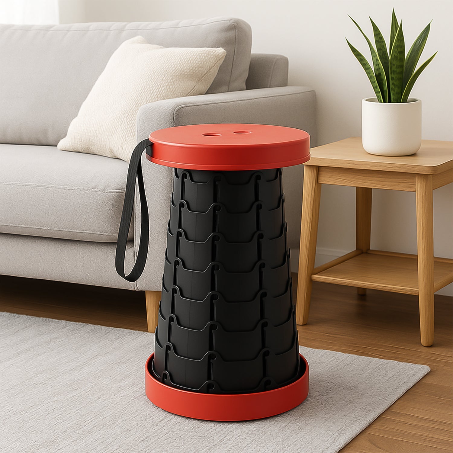 Close-up view of locking mechanism on telescopic folding stool