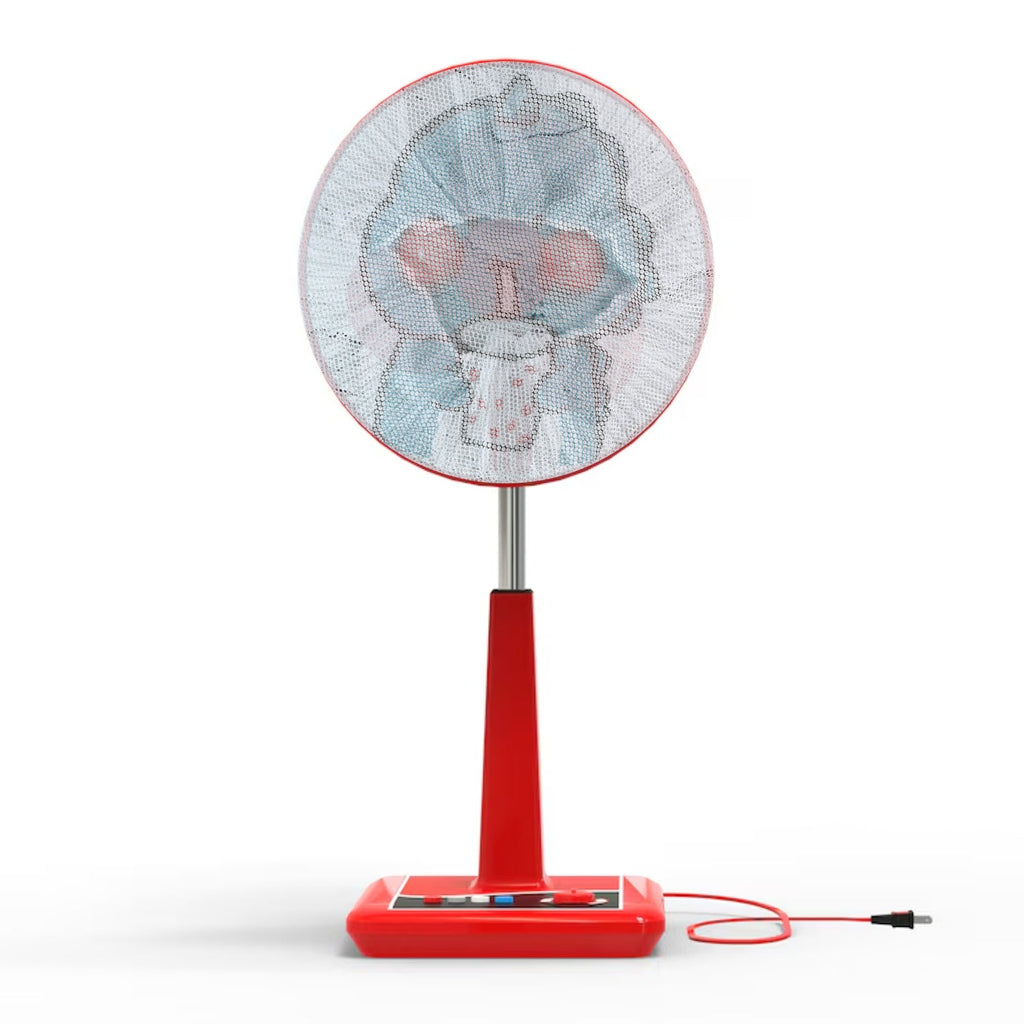 Close-up of mesh fan cover with cute cartoon print