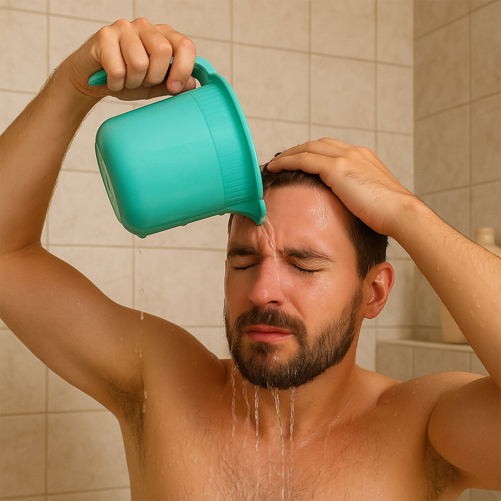 Top-down view of plastic bath mug showing sturdy design