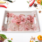 Side view of the three stackable plastic serving trays, highlighting their profile.