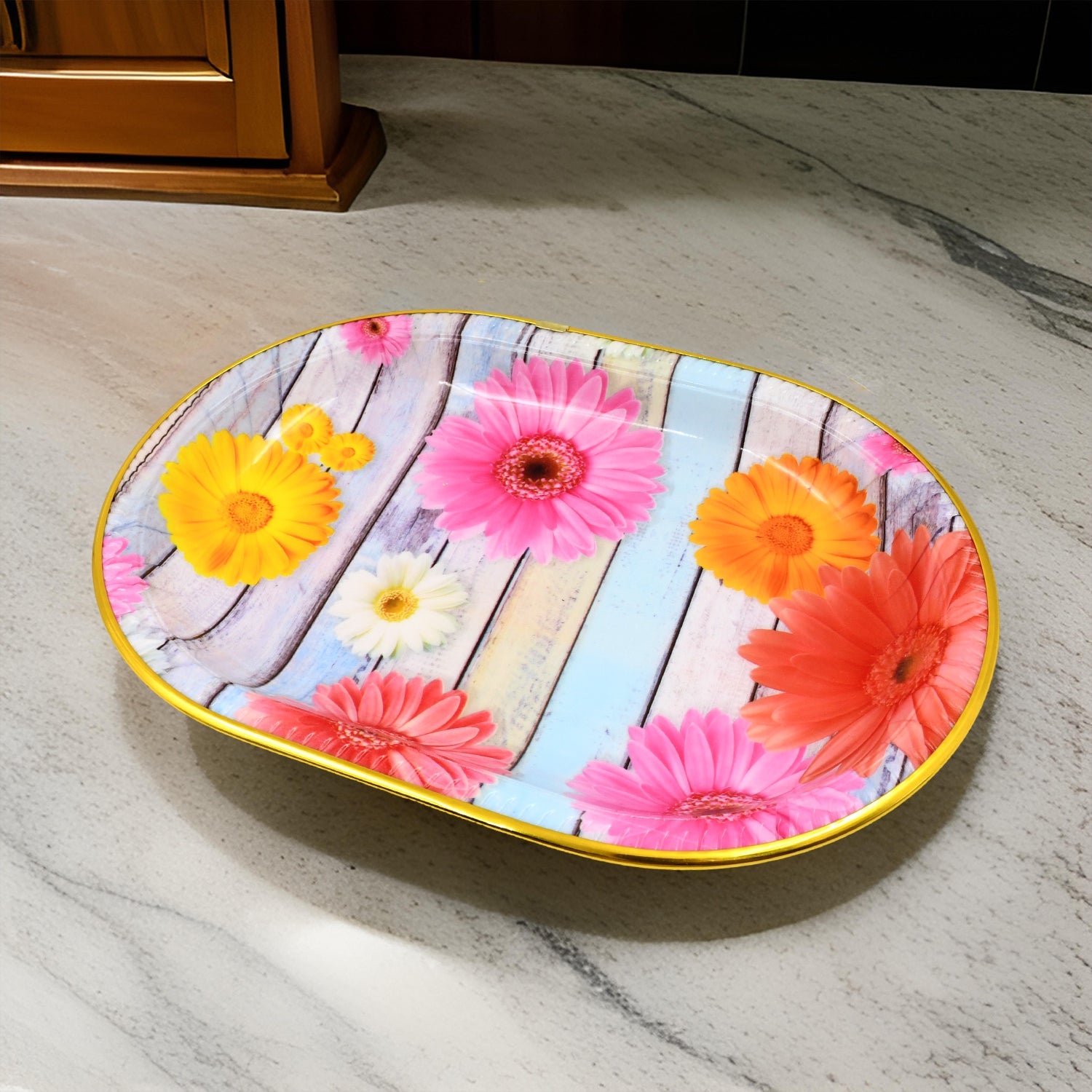 Rectangular floral plastic serving tray from a top-down view.