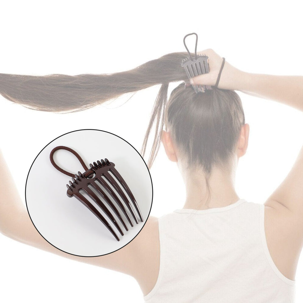 Side view of the Ponytail Comb angled to show the secure elastic loop and comb teeth.
