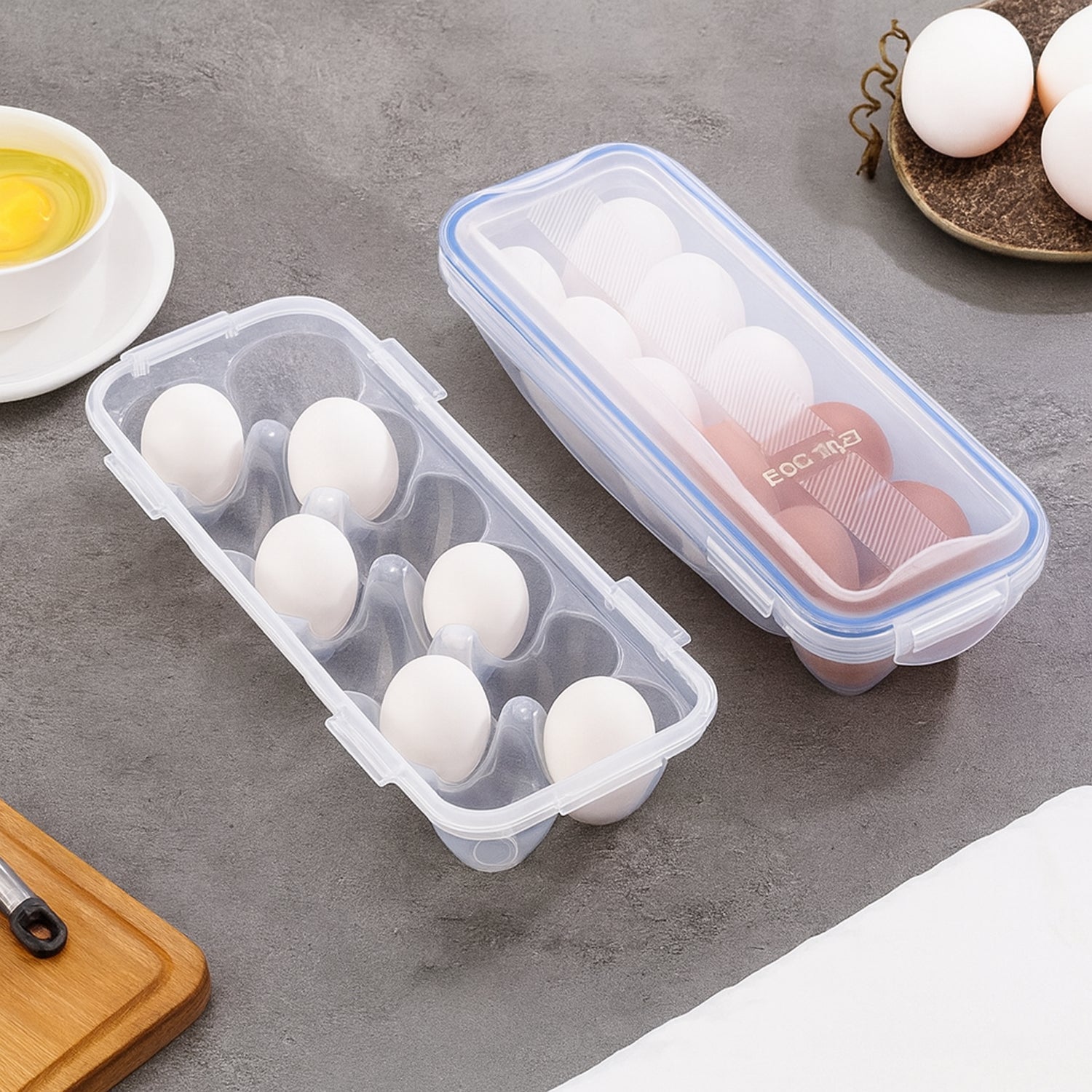 Airtight egg storage box positioned on a clean kitchen counter.