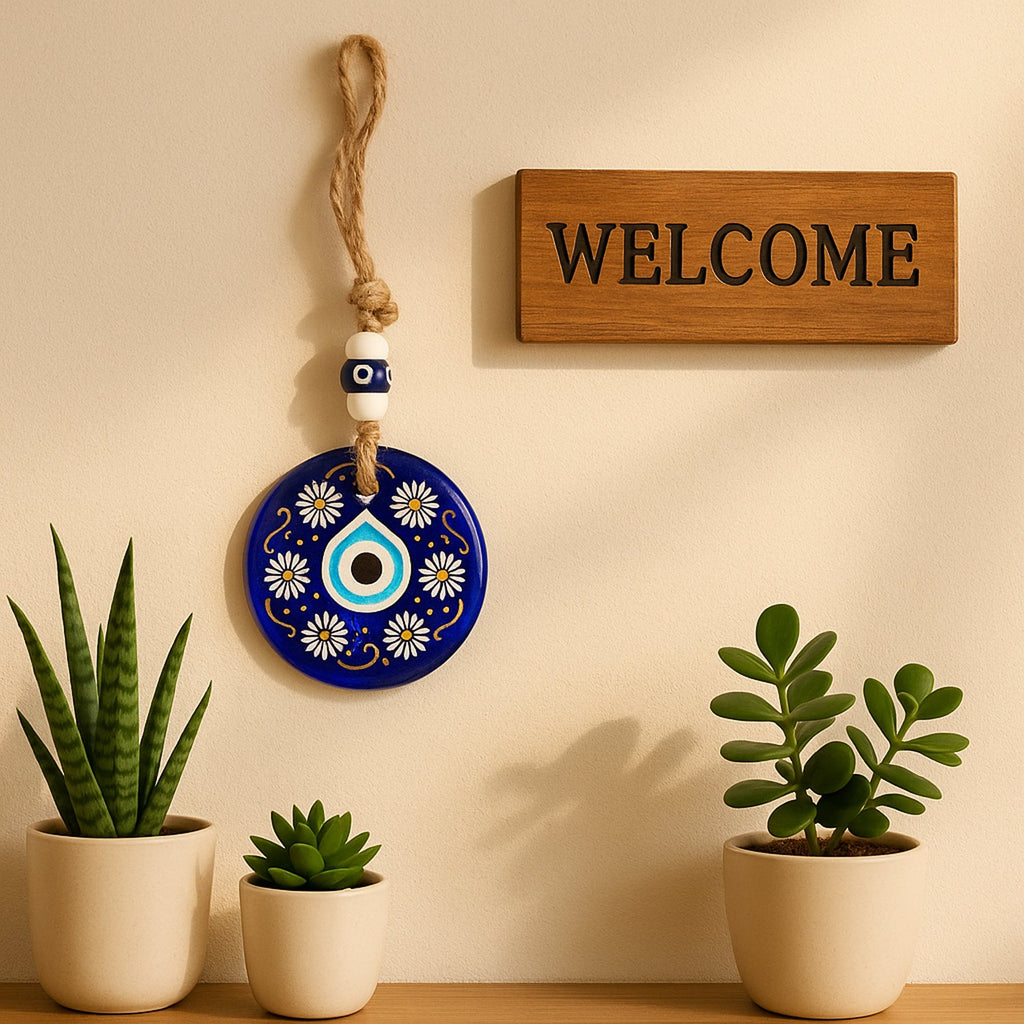 Back side of Evil Eye Wall Hanging showing hanging loop and construction details