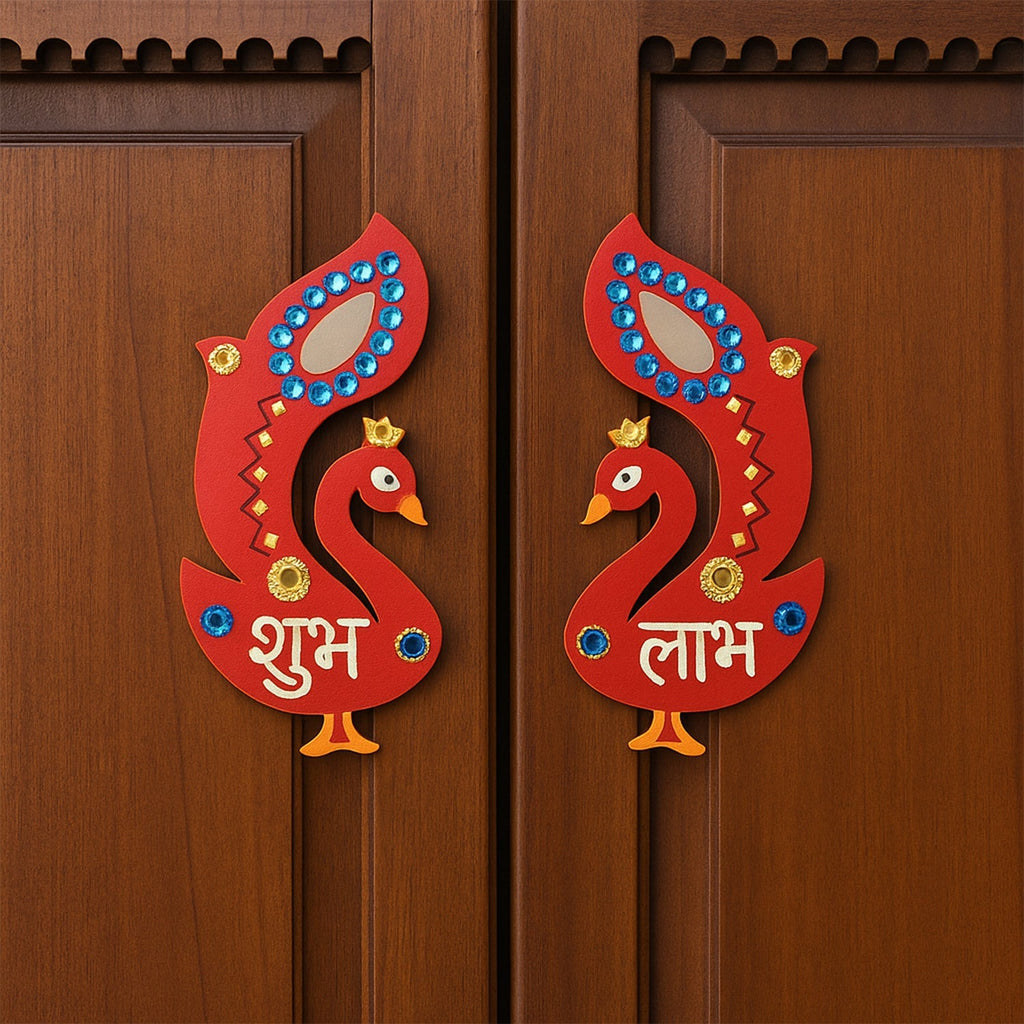 Close-up of traditional Shubh Labh wooden wall hanging design