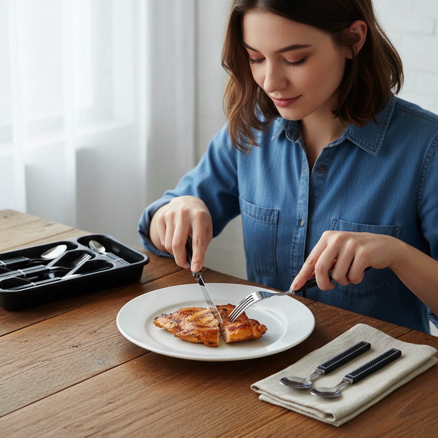 Dining cutlery set including spoons, forks, knives, and tea spoons with plastic handles