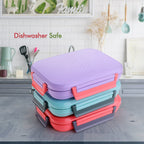 Securely closed steel lunch box, designed to prevent spills during travel.