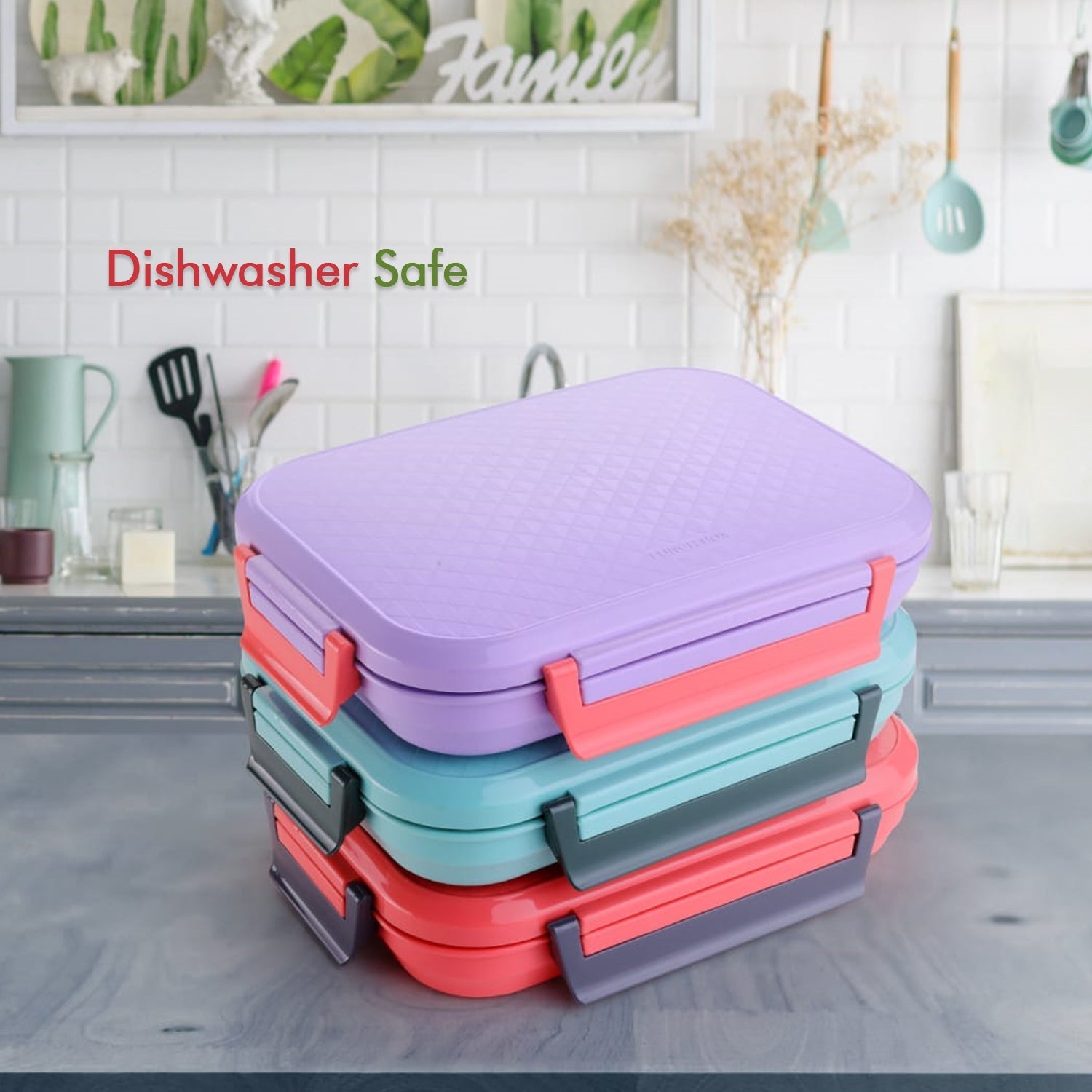 Securely closed steel lunch box, designed to prevent spills during travel.