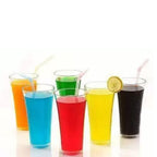 Transparent plastic glasses, perfect for serving juice or other beverages.