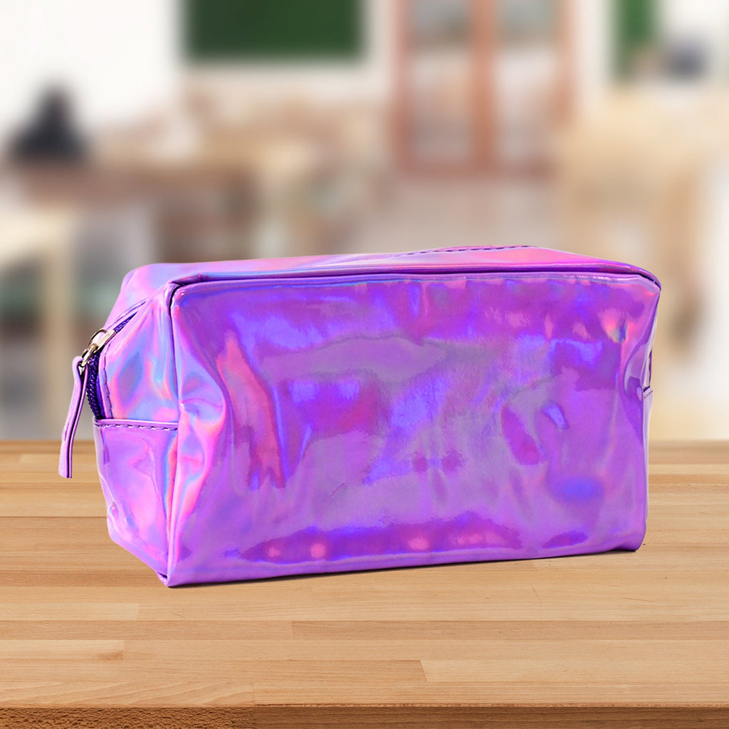 Glittery holographic toiletry pouch for travel and daily makeup storage