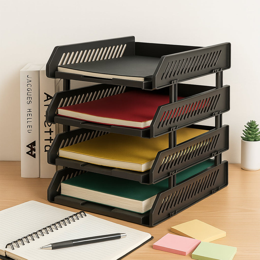 Front view of the 4-layer office file rack showing its storage capacity.