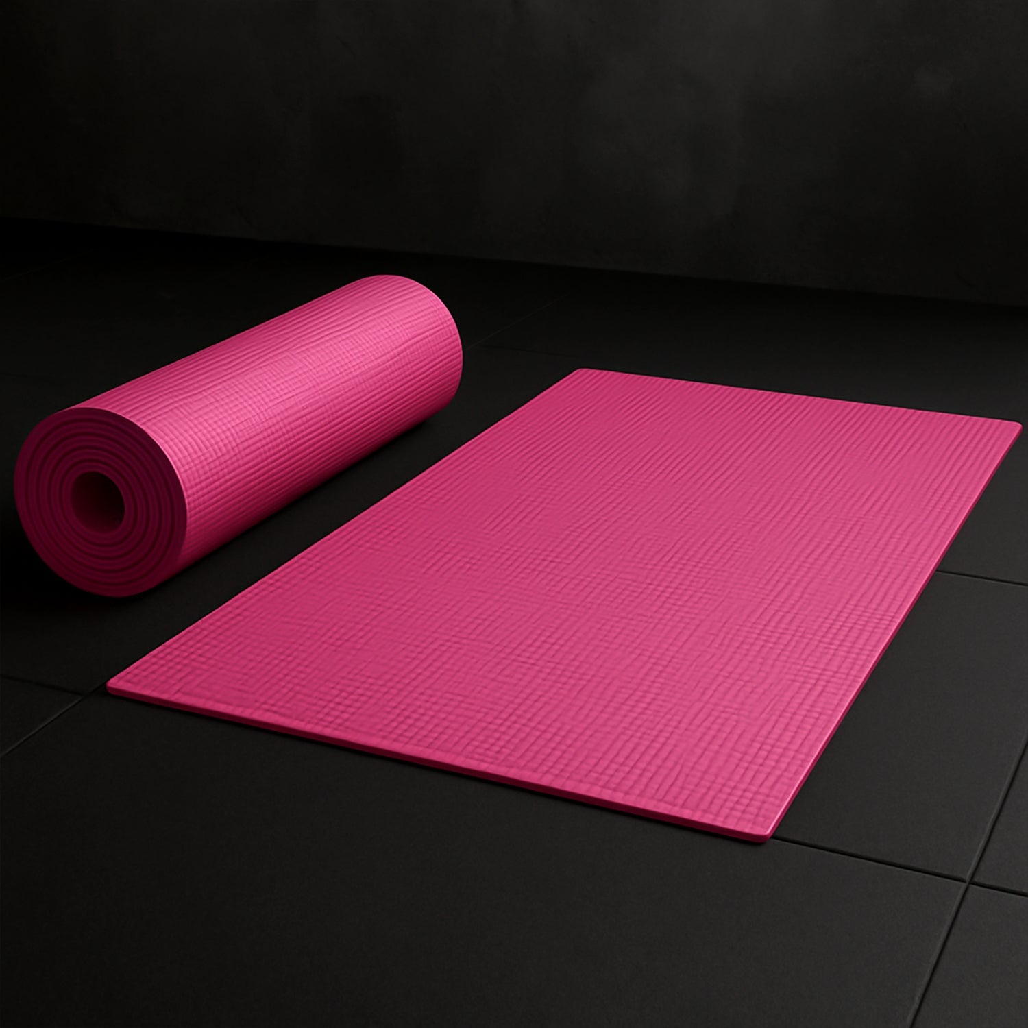 Minimalist setup showing a yoga mat and water bottle in a fitness environment.