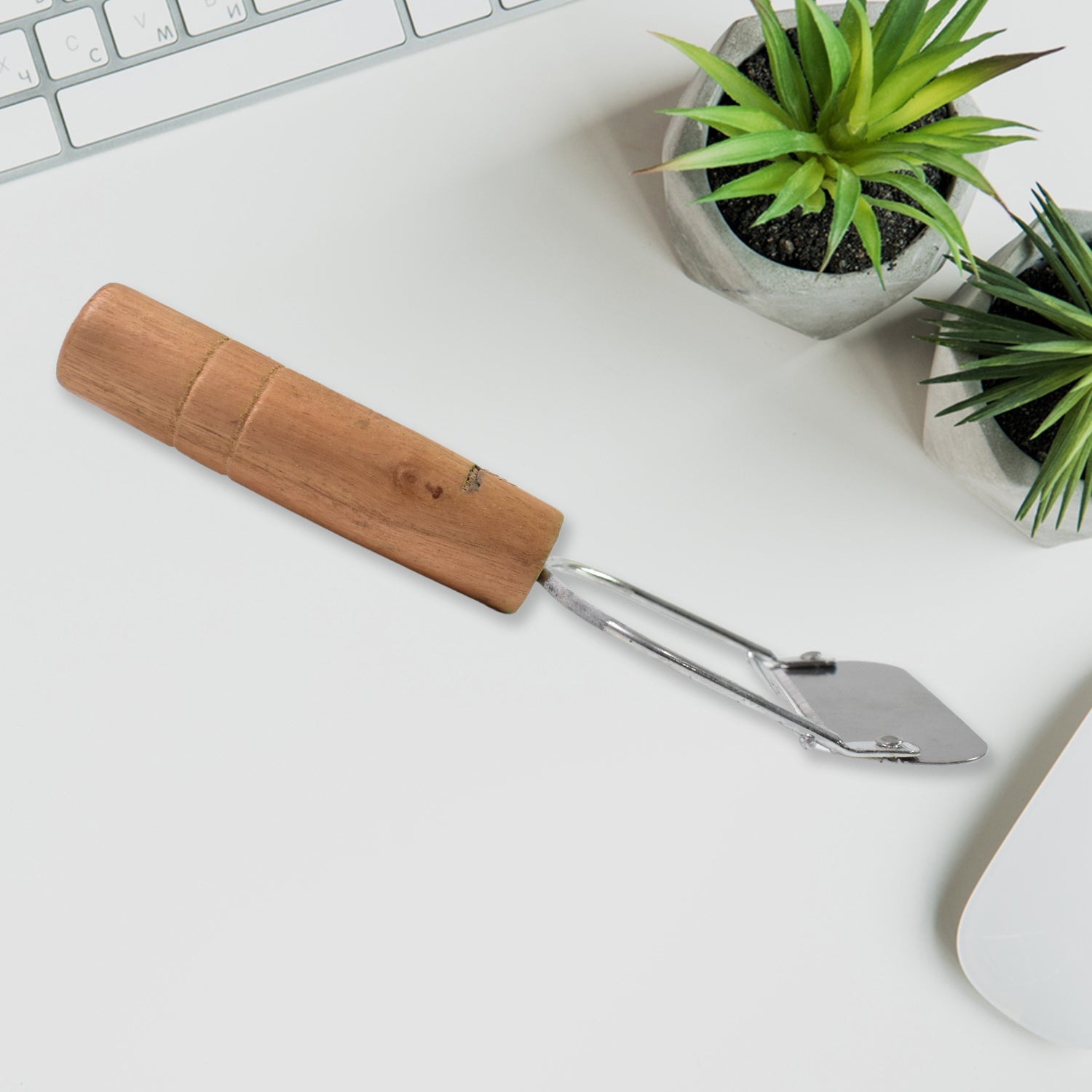 Vegetable slicer tool with ergonomic wooden handle for kitchen tasks