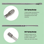 Detailed view of the ergonomic handle and precision tip of a stainless steel ear pick.