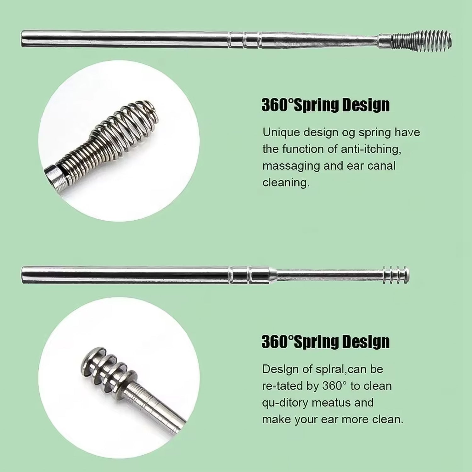Detailed view of the ergonomic handle and precision tip of a stainless steel ear pick.