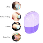 Someone carefully using the purple ice roller around the delicate eye area.