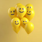 Close-up of a joyful smiley face balloon, ideal for festivals.