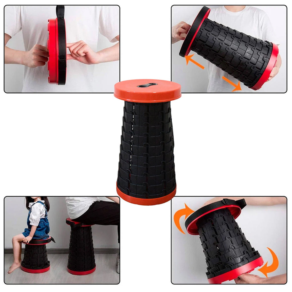 Multiple views of the retractable folding stool, highlighting its adjustable height mechanism.